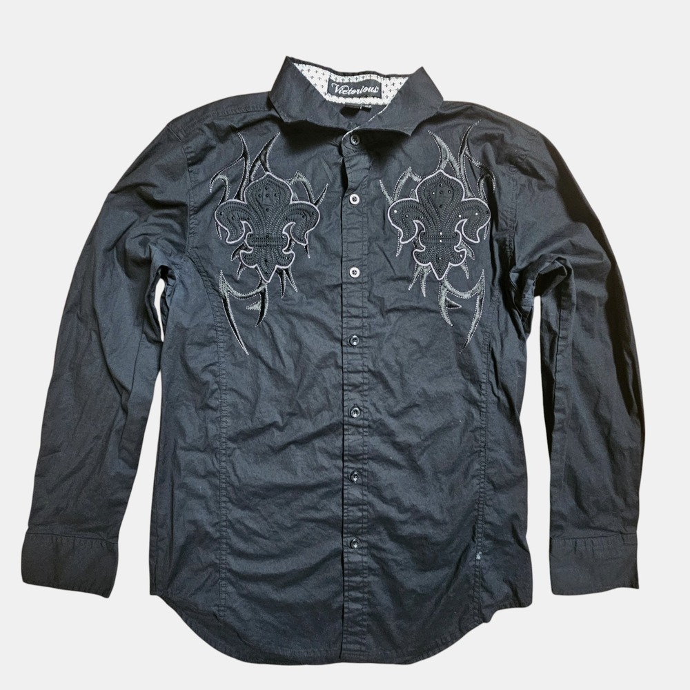 Versace-Inspired Black Embroidered Men's Button-Down Shirt